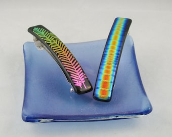 Dichroic RAINBOW glass barrette - FEATHER  or textured barrette - Large barrette - hair jewelry - OOAK (4314-5277)