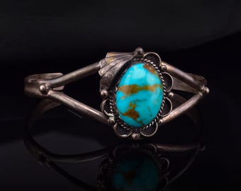 DAVIDHEESHEE Pulsera vintage de turquesa hecha a mano en plata de ley con diseño nativo navajo / Joyería vintage de turquesa Kingman