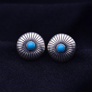DAVIDHEESHEE Native American Navajo Turquoise Sterling Silver Handmade Concho Post Earrings | Kingman Turquoise Jewelry