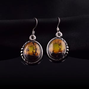 May include: A pair of silver-toned earrings with oval-shaped, multi-colored stones. The stones feature a mix of yellow, brown, and black hues. The earrings have a decorative border and a hook closure.