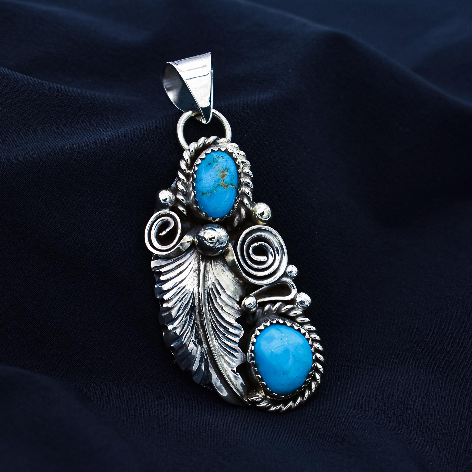 DAVIDHEESHEE Native American Navajo Turquoise Sterling Silver Handmade Feather Pendant Neckalce | Kingman Turquoise Jewelry