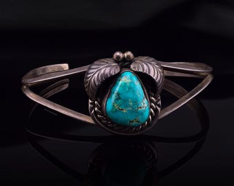 DAVIDHEESHEE Pulsera vintage de turquesa hecha a mano en plata de ley con diseño nativo navajo / Joyería vintage de turquesa de montaña Pilot