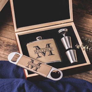 Personalized Leather Hip Flask & Bottle Opener Gift Set in Wooden Box