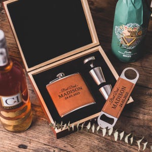 Engraved Flask and Bottle Opener with Wooden Gift Box, Personalized Groomsmen Gifts Set, Best Man Gift, Groom Gift, Wedding Gift for Men