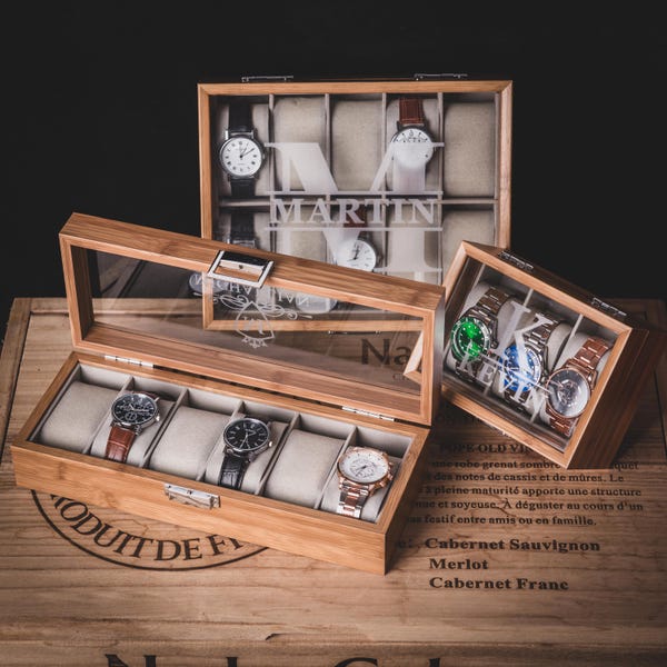 Gepersonaliseerde houten horlogedoos, gegraveerde horlogehouder, verjaardagscadeau voor hem, vaderdagcadeau, cadeau vriendje, jubileumcadeau voor echtgenoot