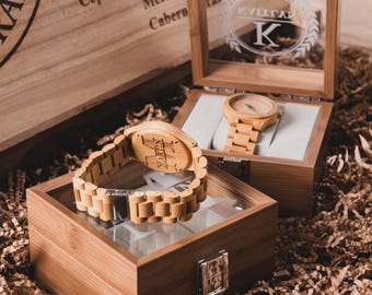 Personalized Wood Watch and Watch Box Set, Anniversary Gift for Him, Mens Birthday Gifts