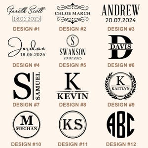 May include: A collection of twelve design options for personalized items. The designs feature names, initials, and dates in various fonts and layouts. The color scheme is black on a beige background, suitable for engraving or printing.