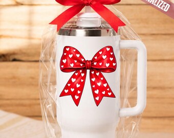 Vaso de acero inoxidable con aislamiento personalizado de 40 oz con lazo de croqueta rojo, nombre personalizado, regalo de San Valentín