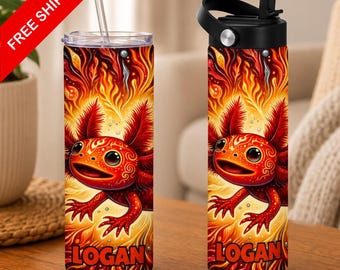 Fire Axolotl 20oz Tumbler, Cute Salamander Gift, Fantasy Drink Cup