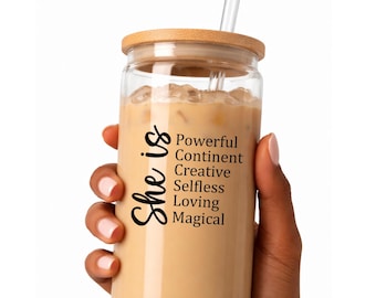 Vaso de vidrio motivacional "Ella es", taza con afirmaciones inspiradoras, vaso de café alentador