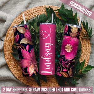 Personalized Pink Floral Tumbler: Custom 20 oz Stainless Steel Tumbler