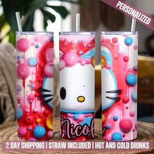 kitty Tumbler: Pink Stainless Steel Cup with Straw