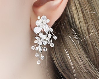 Mini Statement Rhinestone, Freshwater Pearl and Crystal Bridal Branch Post Dangle Earrings