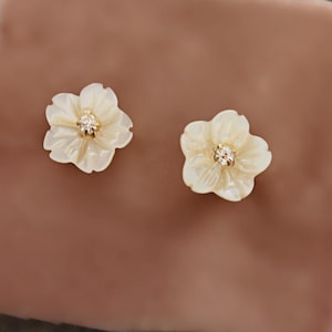 Bridesmaid Mother of Pearl Flower and Vintage Austrian Rhinestone Stud Earrings