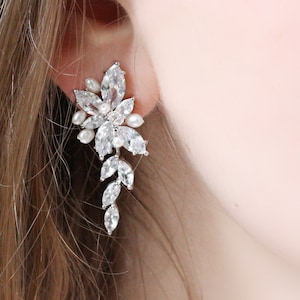 Rhinestone, Freshwater Pearl and Crystal Bridal Branch Post Dangle Earrings