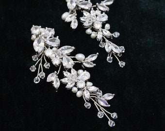Extra Länge Statement Brautzweig Post Ohrringe mit Strass, Süßwasserperle und Swarovski Kristall