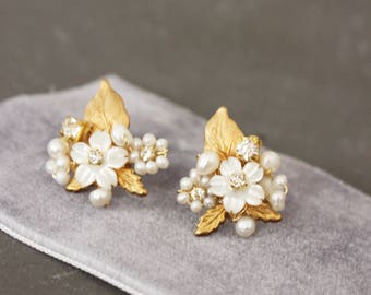 Gold Leaf, Mother of Pearl Flower, and Genuine Pearl Crystal Post Wedding Earrings