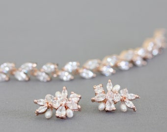 Bridesmaid Set of Bracelet and Tiny Rhinestone and Freshwater pearl Climbing Stud Earrings