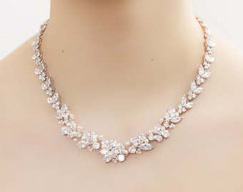 Bridal Statement Graduated Pearl, Crystal, and Cubic Zirconia Wedding Necklace