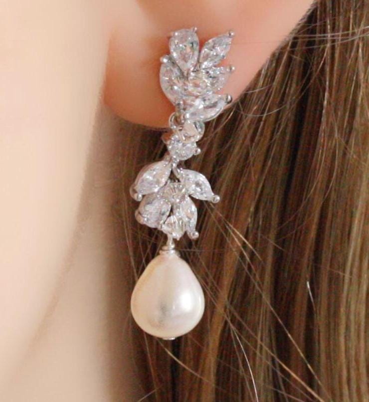 ピアス Brilliant Crystals And Pearl Earrings-Long Genuine AAA Pearl and Crystal Cubic Zirconia Drop Post