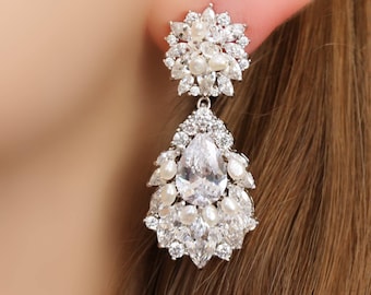 New Statement Chandelier Crystal and Freshwater Pearl Post Wedding Earrings