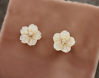 Bridesmaid Mother of Pearl Flower and Vintage Austrian Rhinestone Stud Earrings