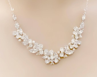 Bridal Silver Rhinestone, Freshwater Pearl, and Crystal Wedding Necklace