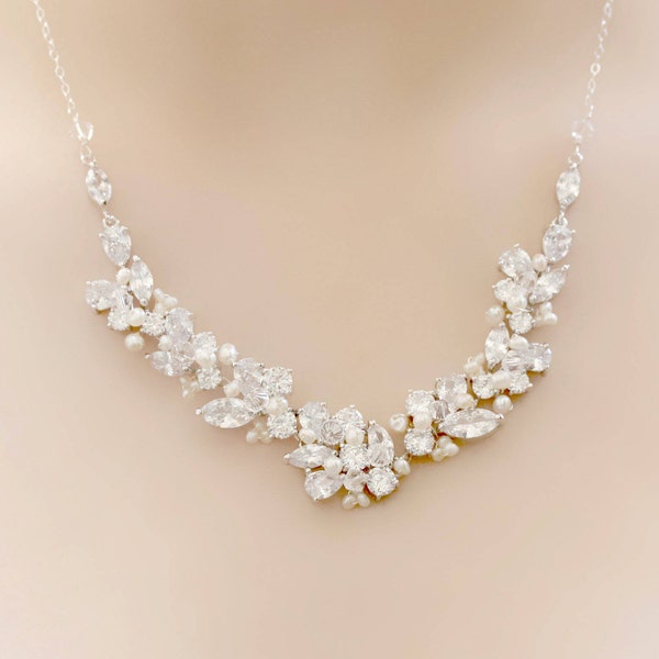 Bridal Silver Rhinestone, Freshwater Pearl, and Crystal Wedding Necklace