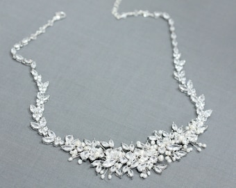 Statement Braut Silber Strass, Süßwasserperle, und Kristall Hochzeit Halskette