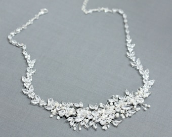 Statement Bridal Silver Rhinestone, Freshwater Pearl, and Crystal Wedding Necklace