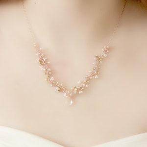 Delicate Rose Gold, Freshwater Pearl and Crystal Wedding Necklace image 1