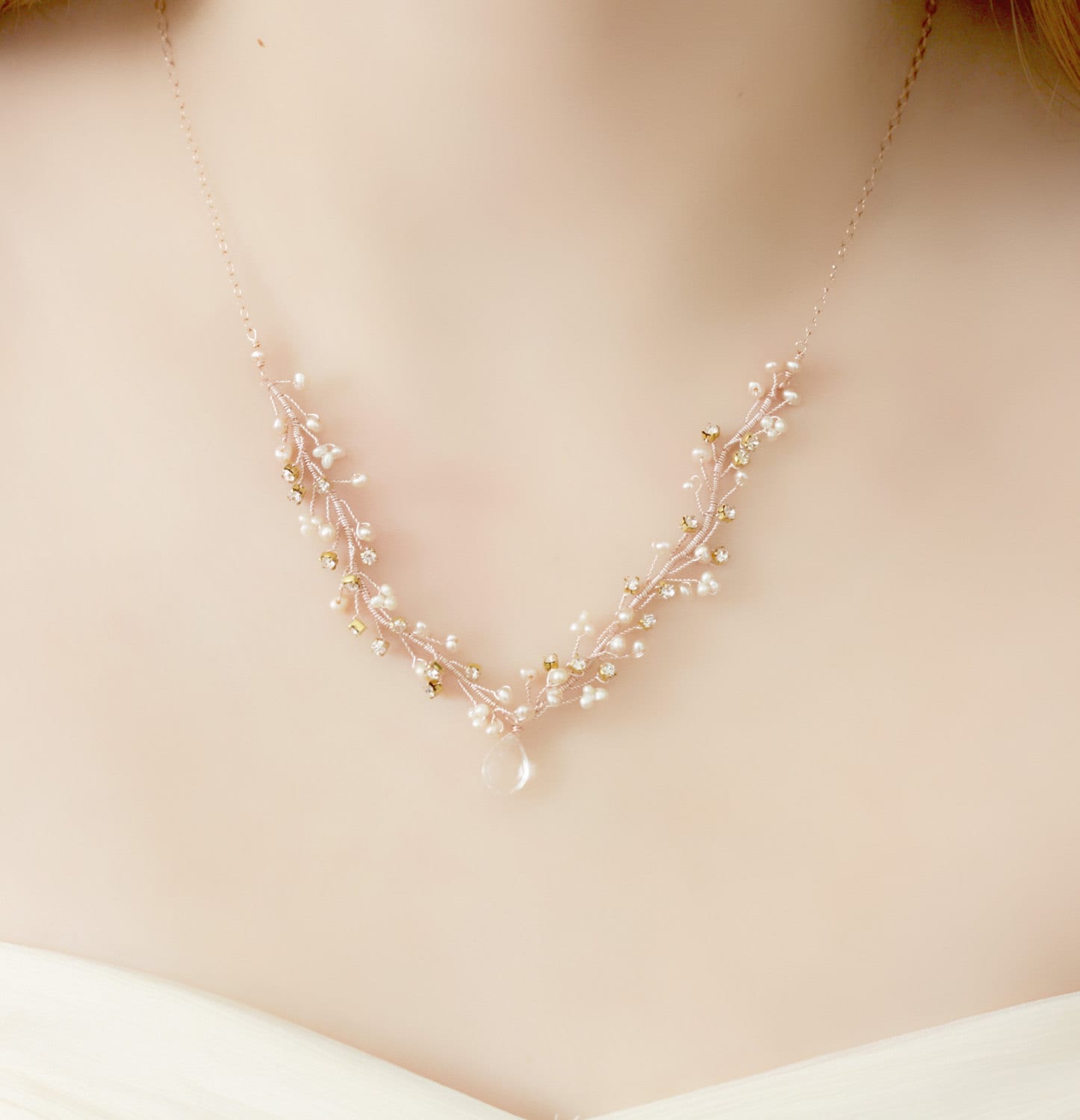 Delicate Rose Gold Freshwater Pearl and Crystal Wedding Necklace