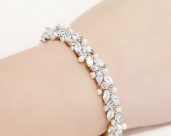 Thin Wedding Jewelry Rhinestone, Freshwater Pearl and Swarovski Crystal Bridal Bracelet