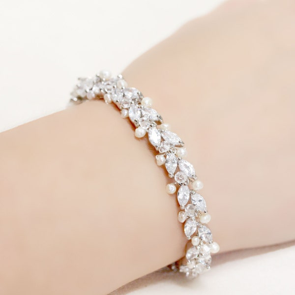 Thin Wedding Jewelry Rhinestone, Freshwater Pearl and Swarovski Crystal Bridal Bracelet