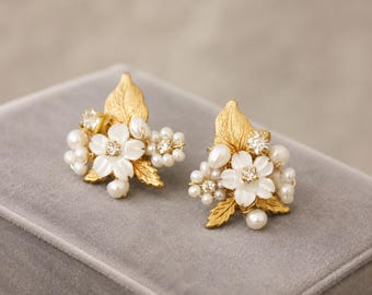 Gold Leaf, Mother of Pearl Flower, and Genuine Pearl Crystal Post Wedding Earrings