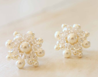 Whimsical Swarovski Pearl and Crystal Bridal Stud Earrings