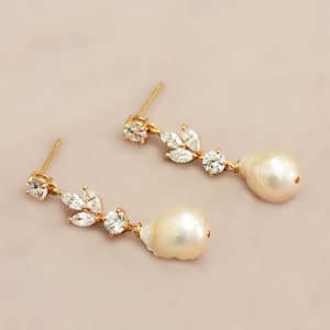 Gold Crystal and Baroque Pearl Post Wedding Earrings image 1