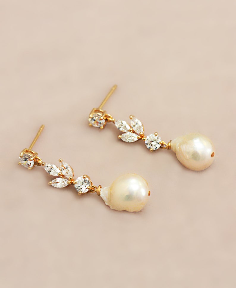 Gold Crystal and Baroque Pearl Post Wedding Earrings image 1