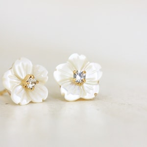 Large Bridesmaid Mother of Pearl Flower and Vintage Austrian Rhinestone Stud Earrings