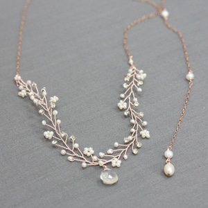 Delicate Rose Gold, Freshwater Pearl and Crystal Wedding Necklace image 2