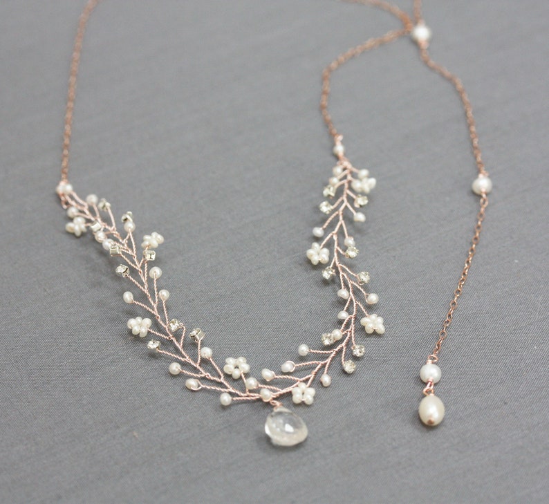 Delicate Rose Gold, Freshwater Pearl and Crystal Wedding Necklace image 2