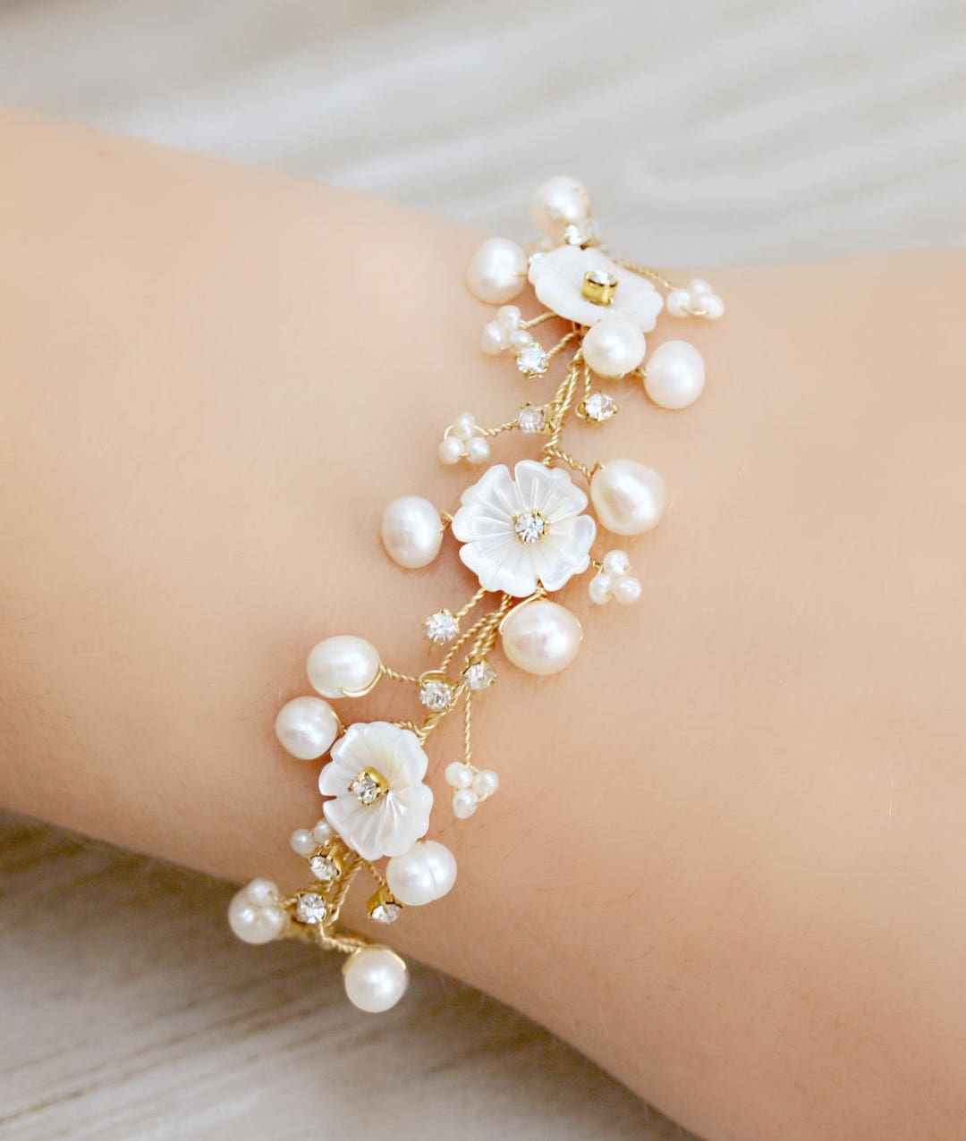 White Mother of Pearl Bracelet - Floral Jewelry - Officewear Jewellery -  Gift for Girl Friend - Varij Floral Bracelet by Blingvine