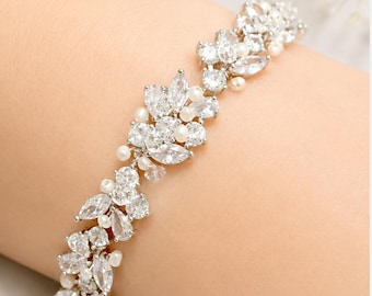 Neu!  Zarte Braut Armband, Hochzeit Schmuck, Strass, echte Perle und Kristall Armband