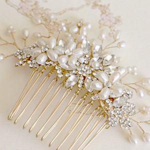 Gold or Silver Freshwater pearl and rhinestone Large Bridal Hair Comb image 1