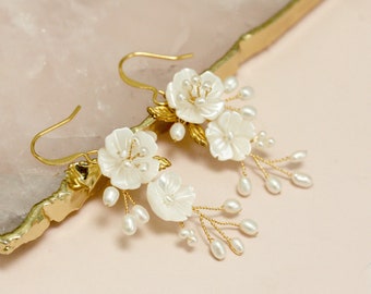 Mother of Pearl Flower, gold leaves, and freshwater Pearl Dangle Bridal Earrings