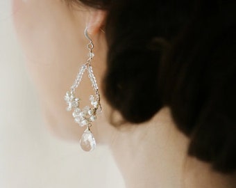 Boucles d'oreilles pendantes de mariée en perles d'eau douce avec quartz briolette