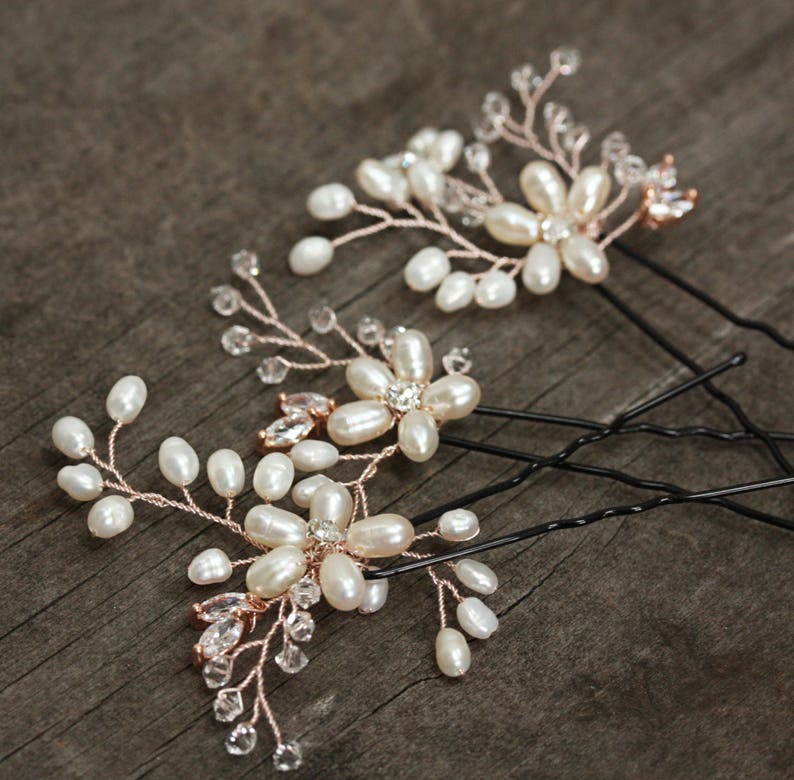 Rose Gold Bridal Hair Pins Freshwater Pearl Flower Hair Pins Etsy