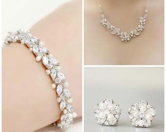 Special Package Price Bridal Rhinestone, Freshwater Pearl, and Crystal Wedding Necklace, Bracelet and Crystal Pearl Stud Earrings