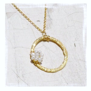 He loves me...he loves me not, tiny freshwater pearl flower necklace with gold vermeil ring pendant necklace image 2