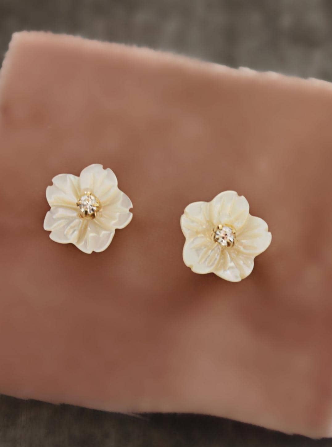 Bridesmaid Mother of Pearl Flower and Vintage Austrian Rhinestone Stud Earrings